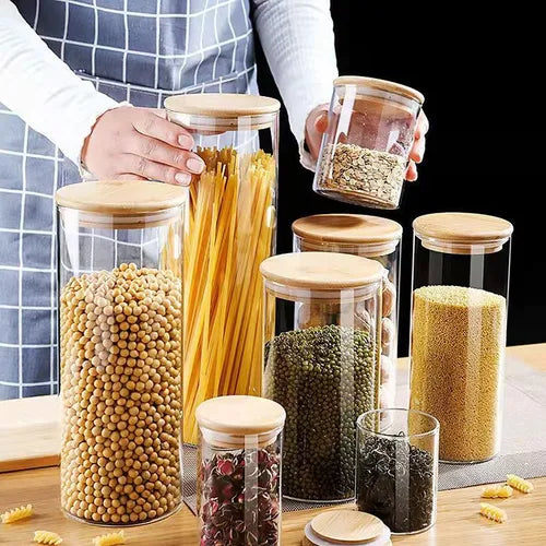 Kit 12 Potes Vidro Com Tampa De Bambu Herméticos Redondo Pçs