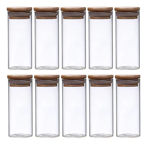 Kit 10 Potes De Vidro Herméticos Com Tampa De Bambu Condimentos Alimentos Mantimentos Organizador 600ml
