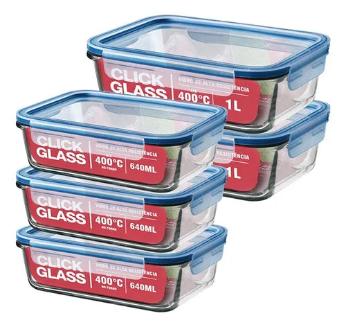 Kit Com 5 Potes De Vidro Click Glass Premium 100% Herméticos