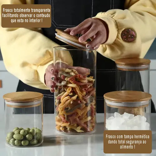 Kit 3 Potes Mantimentos Vidro Herméticos Com Tampa Bambu Condimentos Alimentos Organizadores Empilhável