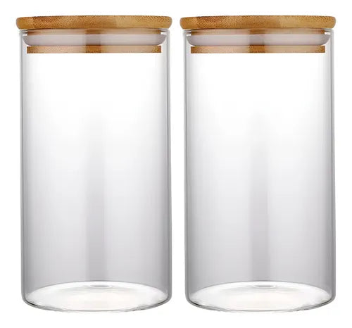 Jogo De Potes Herméticos 1100ml 2 Unidades Vidro Tampa Bambo