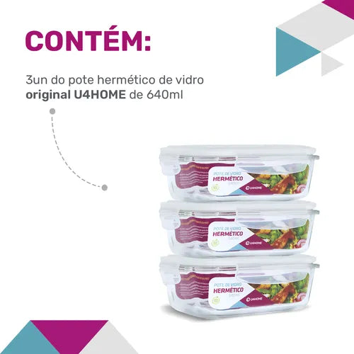U4home Conjunto 3 Pote Vidro Hermético Marmita Tampa Plástico 640ml Cor Branco