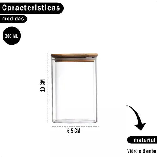 Kit 3 Potes De Condimentos Mantimentos Alimentos De Vidro Com Tampa Hermética De Bambu Organizadores Cozinha Restaurantes