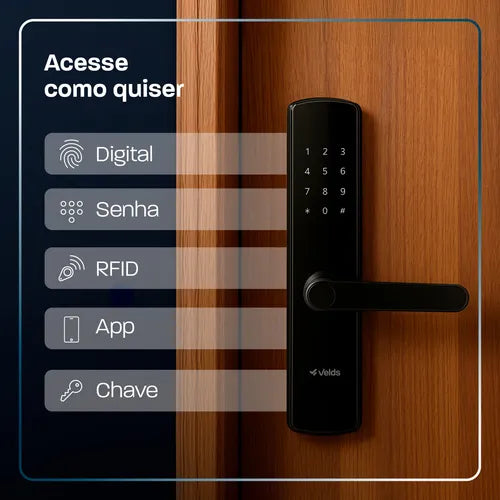 Fechadura Digital Inteligente Velds, Wi-Fi, de Embutir com Biometria App Senha Tag, Preto Fosco