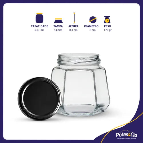 24 Potes De Vidro Sextavado 230ml Com Tampa Metálica E Lacre Cor Preto