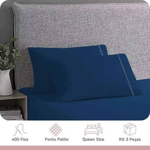 Jogo De Lençol 400 Fios Ponto Palito Cama King 3 Peças