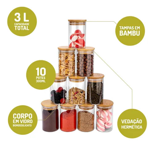 Kit 10 Potes De Vidro Herméticos Redondo Biscuitt Orbb 300ml Temperos Tampa Bambu