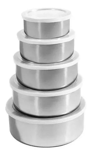 Jogo 5 Tigelas Pote Aço Inox Com Tampa Hermético Redondo
