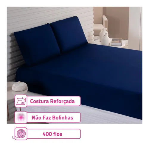 Kit Jogo Lençol Casal Elástico E Fronhas 3pçs 400 Fios Hotel