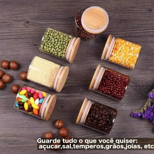 Kit 3 Potes De Vidro Hermético C/ Tampa De Bambu 350ml