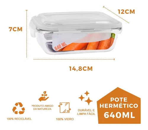 Jogo 2 Potes De Vidro Marmita Tampa 4 Trava Hermética 640ml