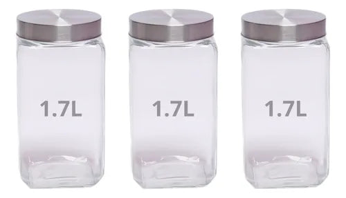 Kit 3 Pote Hermetico Vidro 1.7l Com Tampa Inox Mantimentos