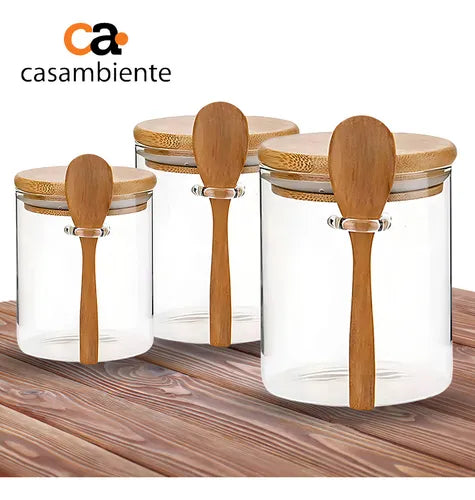 Pote De Vidro Hermético Redondo Tampa Bambu E Colher 550ml Cor Transparente