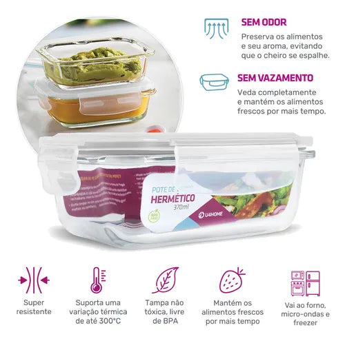 Conjunto 4 Potes Vidro Herméticos Tampa Plástico 370ml Cor Branco Papinha Nenem Retangular Freezer