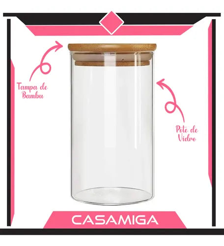 Kit 3 Potes Borossilicato Hermético Tampa Bambu 1100ml Class