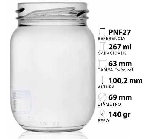 12 Potes De Vidro Conserva 267ml Com Tampa E Lacre