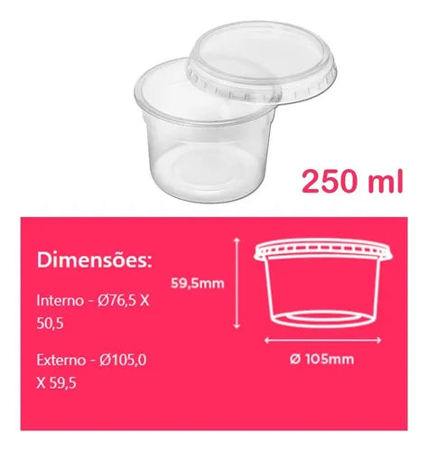 Pote Descartável Redondo 250ml Tampa Freezer Microondas 48un Cor Transparente