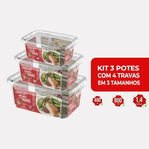 Kit Com 3 Potes Tampa E Travas Marmitas Uninjet