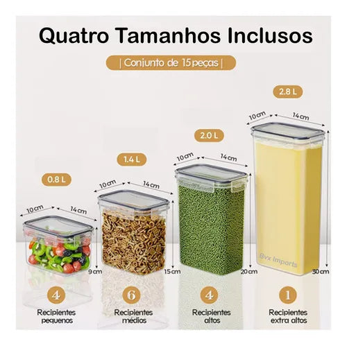 Cadencia Kit 15 Potes Herméticos Mantimentos Quadrado Cozinha Tampa Trava