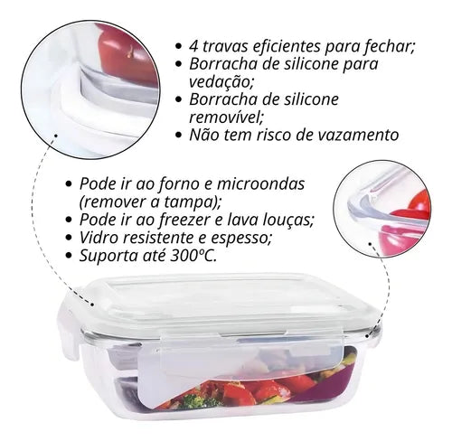 Kit 4 Potes De Vidro Hermético 370ml Tampa Com Trava Fitness Cor Branco