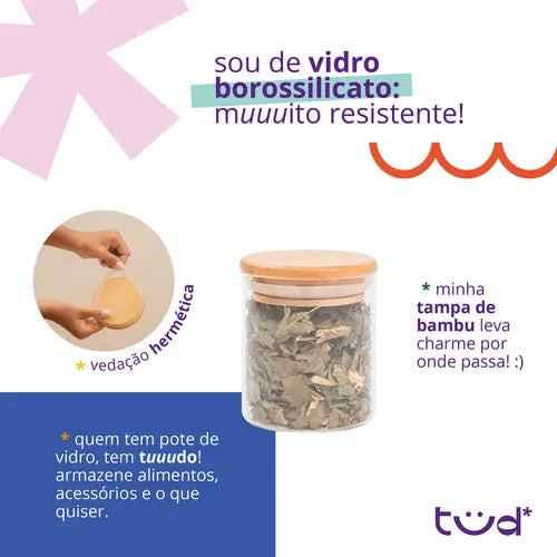 Kit 10 Potes De Vidro 200ml Tampa De Bambu Herméticos - Tüd Cor Nude