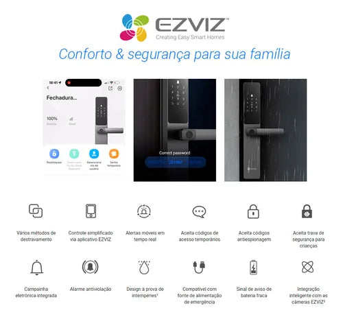 Fechadura Digital Inteligente Ezviz Cartão Senha Dl05 Wifi Cor Cinza