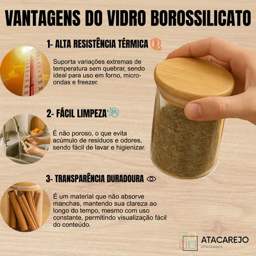 Kit 5 Potes De Vidro Hermético Tampa Bambu Alimentos Grãos