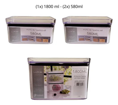 Kit 3 Potes Porta Mantimento Hermético Quadrado Utilidade
