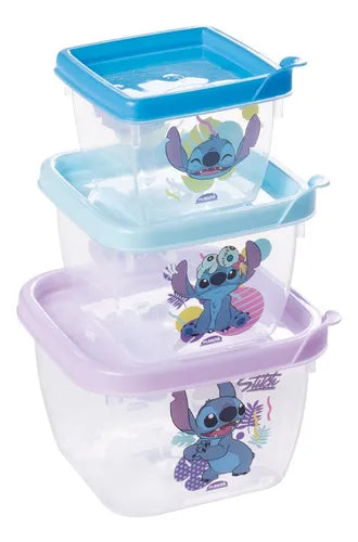 Kit 3 Potes Quadrados Conect Stitch Lancheira Cozinha