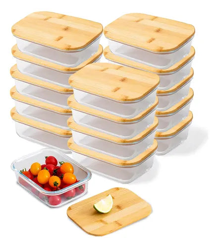 Pote Hermético Vidro 660ml- Kit 15peças Tampa Bambu- Marmita Cor Transparente