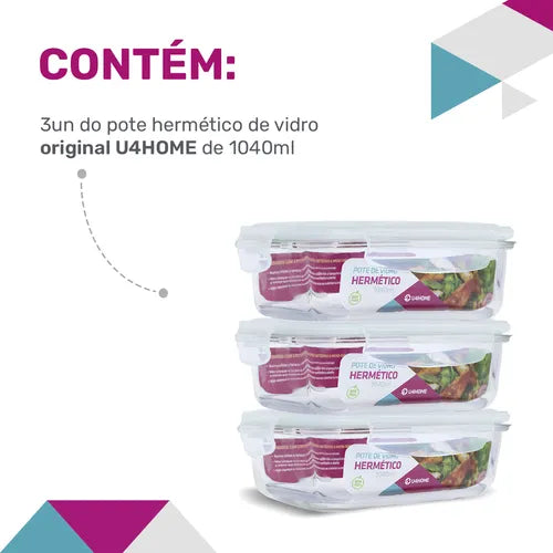 Kit 3 Potes Vidro 1040ml Marmita Hermetico Cor Branco U4home