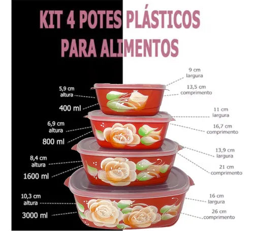Kit Potes Decorado Hermético 4 Pçs Freezer Microondas Tampa Cor Vermelho Flor Laranja