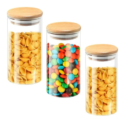 Kit 4 Potes De Vidro Hermetico Tampa De Bambu 1450 Ml