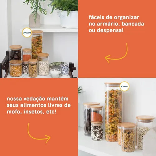 Kit 3 Potes De Vidro P/ Mantimentos 2l C/ Tampa Bambu Oikos Cor Marrom-claro