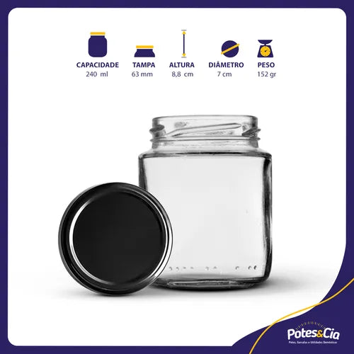 12 Potes De Vidro Belém 240ml Com Tampas Metálicas E Lacres Cor Preto