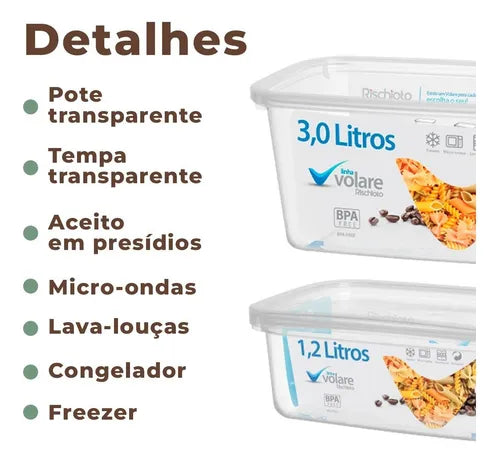 Kit 2 Potes Transparentes Volare 1,2l E 3l Medidas Presídio Cor Transparente