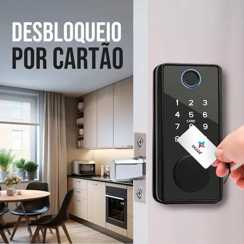 Fechadura Eletronica Digital Sobrepor Com Biometria Senha Cartão Chave Abre Com Aplicativo Wifi Tuya Voz Portugues Porta Madeira espessura entre 35mm e 50mm Cor Preto Ekaza T328