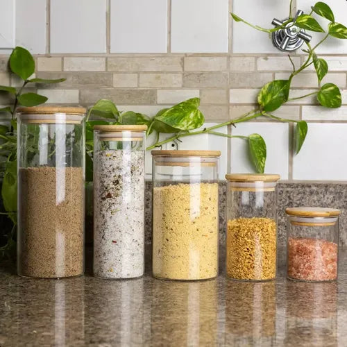 Kit 5 Potes De Vidro Herméticos Com Tampas De Bambu Diversos Tamanhos