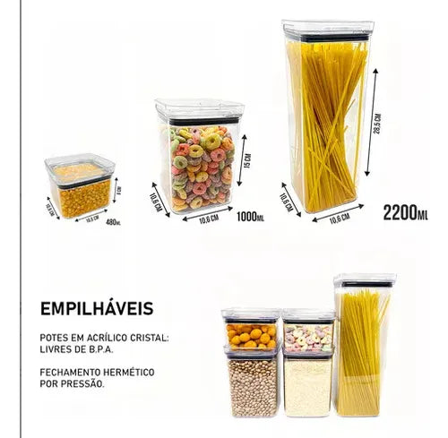Kit 7 Potes Herméticos Mantimentos Quadrado Cozinha Tampa Hermética Amobox