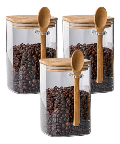 3 Pote Vidro Tampa Bambu E Colher Hermético Quadrado 500ml
