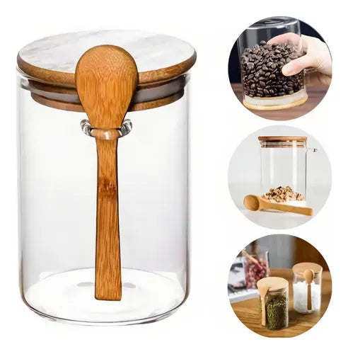 Pote Hermético De Vidro Com Tampa E Colher Bambu 760ml Tuut