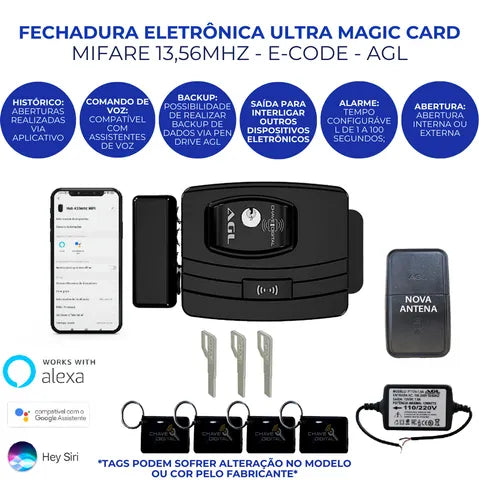 Fechadura de Portao Wifi Agl Ultra Magic Card Chave Ecode Preto