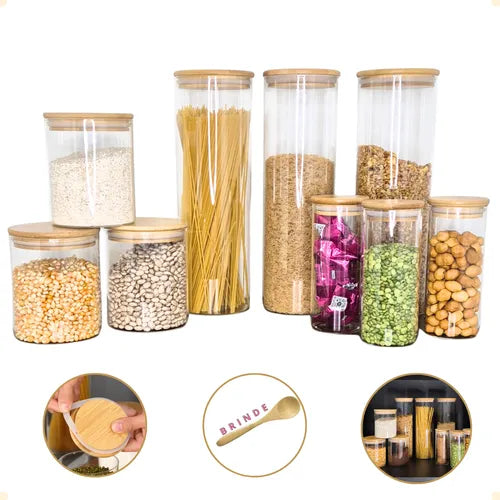 Potes De Vidro Com Tampa De Bambu Pote Hermético Bambu 9unid