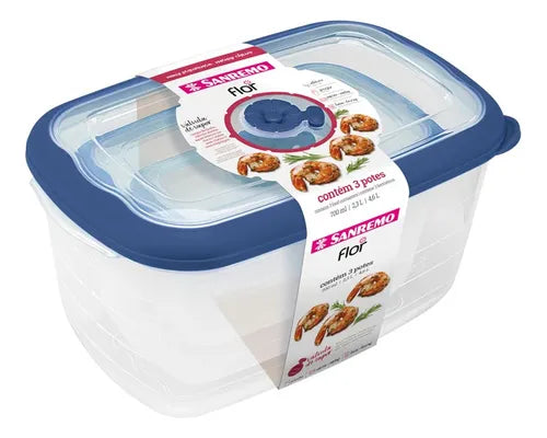 Kit 3 Pote Plástico Hermético Com Tampa Marmita Retangular
