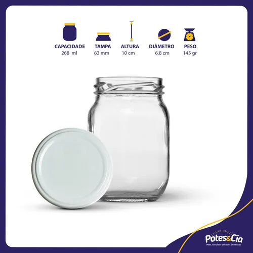 12 Potes Conserva 268ml Com Tampa Metálica E Lacre Cor Branco