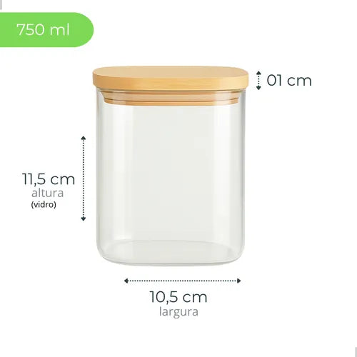 Kit 3 Potes Herméticos De Vidro Mantimentos Com Tampa Bambu