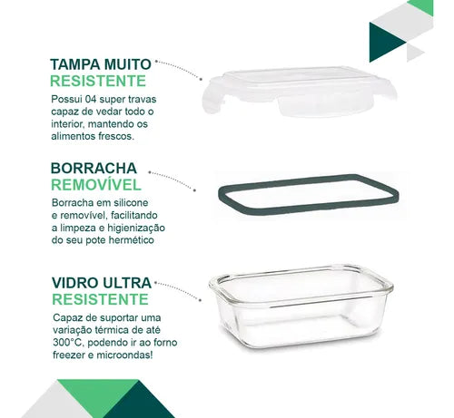 Kit 9 Potes Vidro Hermético Tampa Com 4 Travas Marmita Fit