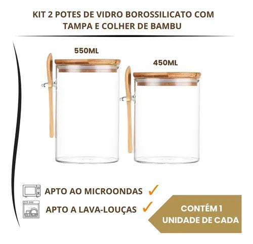 Conjunto C/ 2 Potes Transparentes Açucareiro E Café Bambu
