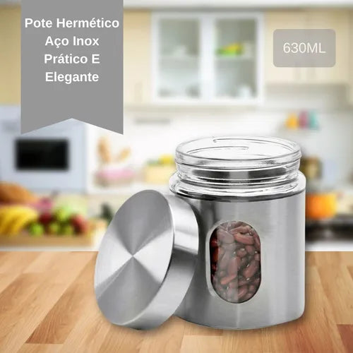 Kit 5 Potes Hermético Mantimentos Aço Inox Com Visor Vedação