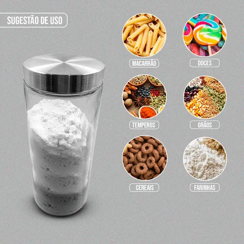 Jogo 3 Pote Vidro Liso 2100ml Tampa Aço Inox Rdeondo Grande